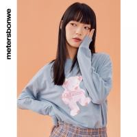 [1件5折价:69.5]美特斯邦威圆领卫衣女撞色小熊图案甜美落肩套头衫印花宽松