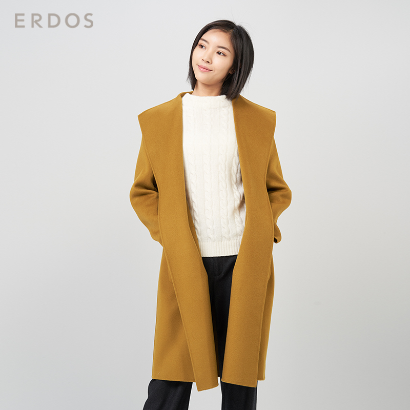鄂尔多斯ERDOS 秋冬绒毛混纺简约百搭中长款女士大衣毛呢外套