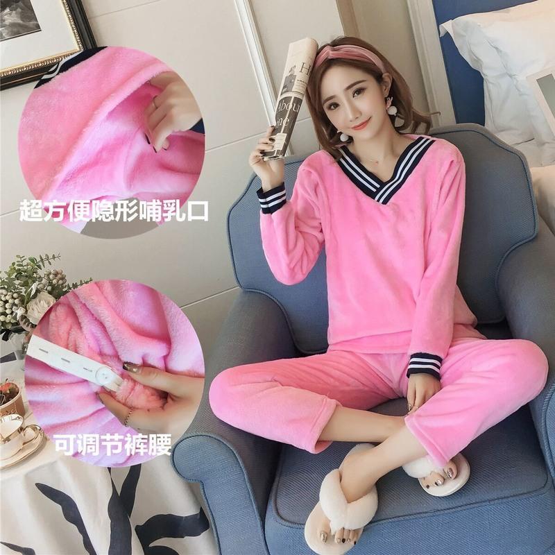 孕妇睡衣法兰绒月子服秋冬季喂奶衣加厚加绒保暖外出哺乳孕妇套装 玫红v领 M(建议100斤内)