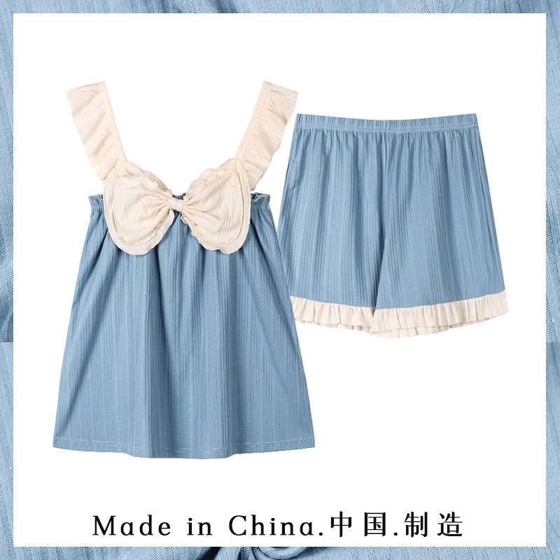 2021新品减龄小飞袖蝴蝶结公主风女睡衣棉吊带短裤背心无袖家居服