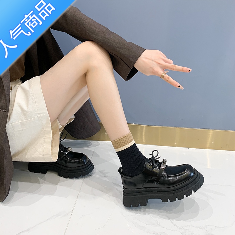 SUNTEK锁扣厚底乐福鞋女2023新款休闲松糕单鞋圆头系带英伦风小皮鞋高清大图