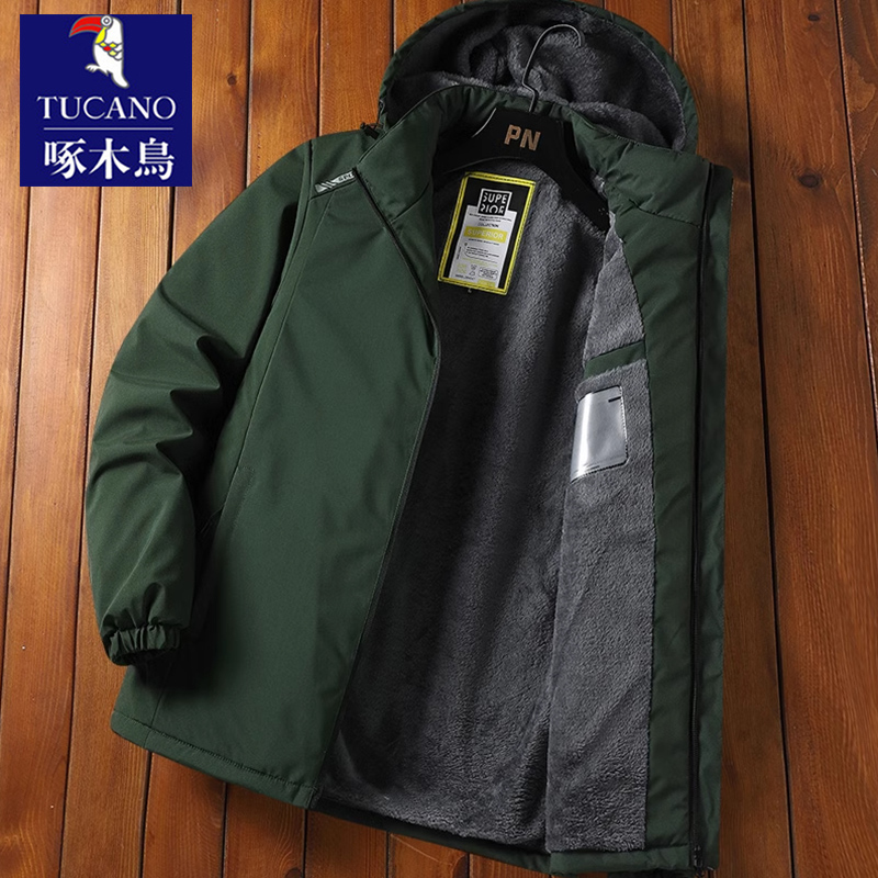 啄木鸟冲锋衣夹克外套男士加绒加厚冬季连帽工装棉服保暖防风棉衣高清大图