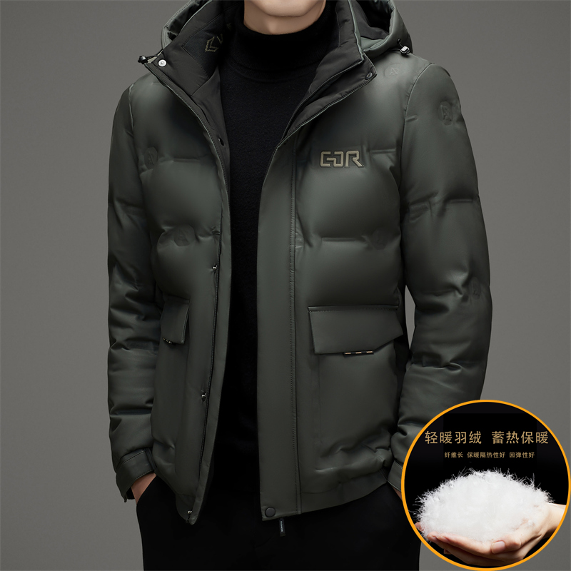 冬季海宁真皮羽绒服男短款绵羊皮衣夹克连帽加肥加大外套加厚带帽皮衣羽绒服男冬季保暖加肥大码宽松肥佬休闲可卸帽免洗皮羽绒外套高清大图