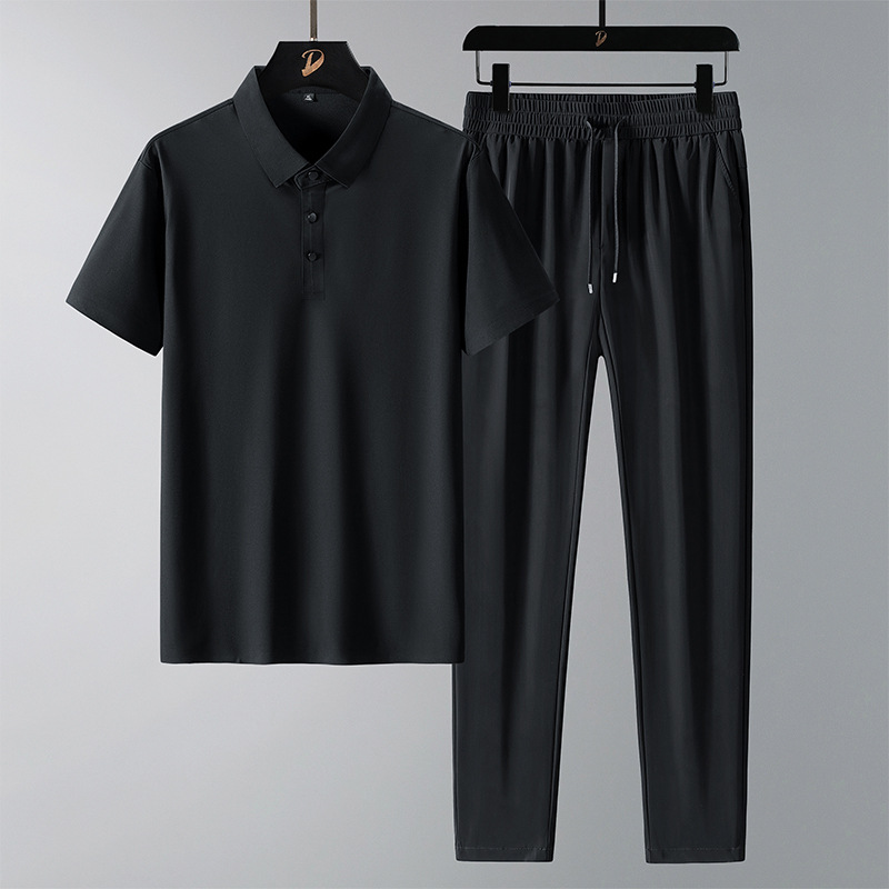 啄木鸟夏季冰丝款套装男士无痕T恤短袖POLO+休闲裤子男两件装父亲 119906黑色 XL