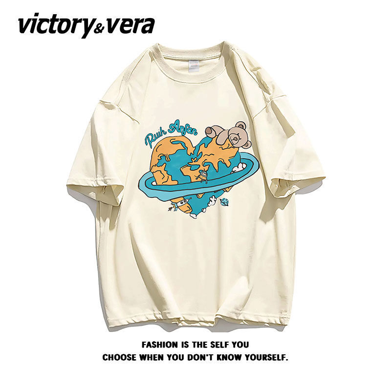VICTORYVERA夏季2022新款潮短袖T恤女宽松纯棉小熊印花半袖上衣服