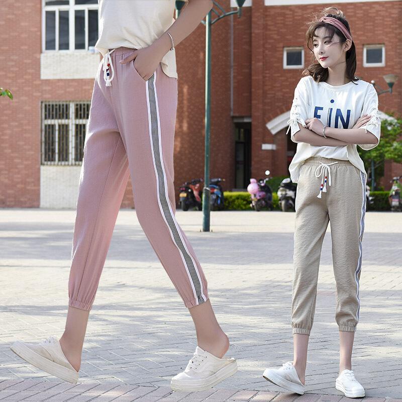 夏裤女薄款运动裤九分束脚哈伦裤条纹棉麻宽松修身灯笼休闲裤