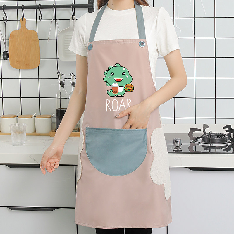 围裙罩衣厨房家用防水防油污餐饮专用男女做饭炒菜工作服卡通围腰 贪吃小龙围裙-粉色（可擦手）