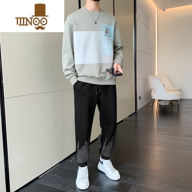 YANXU2023新款休闲运动套装男潮牌百搭高街撞色卫衣一套搭配秋装高清大图