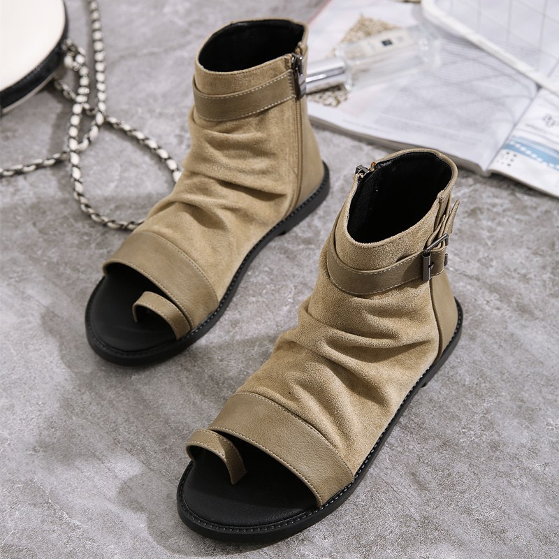 林先森鱼嘴套趾凉鞋女短靴夏2020春秋新款舒适软底罗马短筒平底凉靴