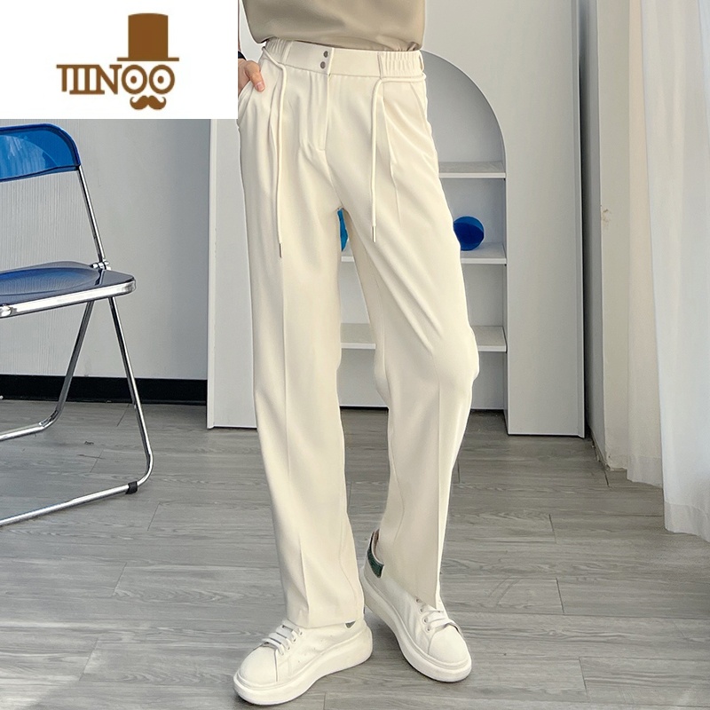 YANXU渣渣鹿冰丝休闲裤薄款垂感小西裤男款夏季宽松直筒系带免烫长裤潮 杏色 2XL建议160斤-180斤左右