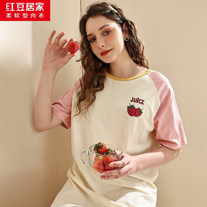 红豆居家春夏款女士全棉甜美印花可爱少女风可外穿家居睡裙