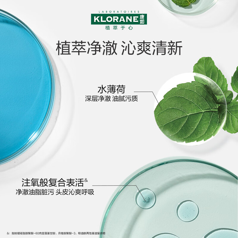 康如(KLORANE)水薄荷澄净洗发水400ml(深层清洁 持久控油沁爽 法国进口)
