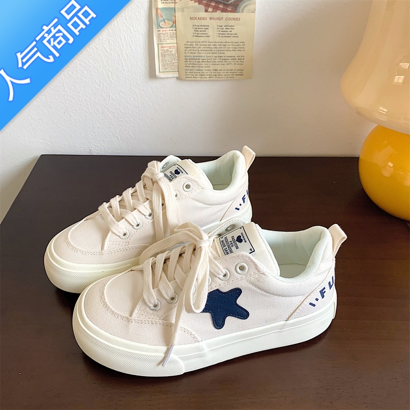 SUNTEK小众复古星星小白鞋女学生2023夏季新款ins潮百搭休闲厚底帆布鞋高清大图