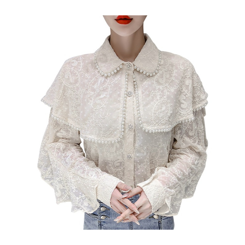 yibusheng法式宫廷风气质蕾丝衫宽松立领设计感披肩钉珠刺绣长袖衬衫