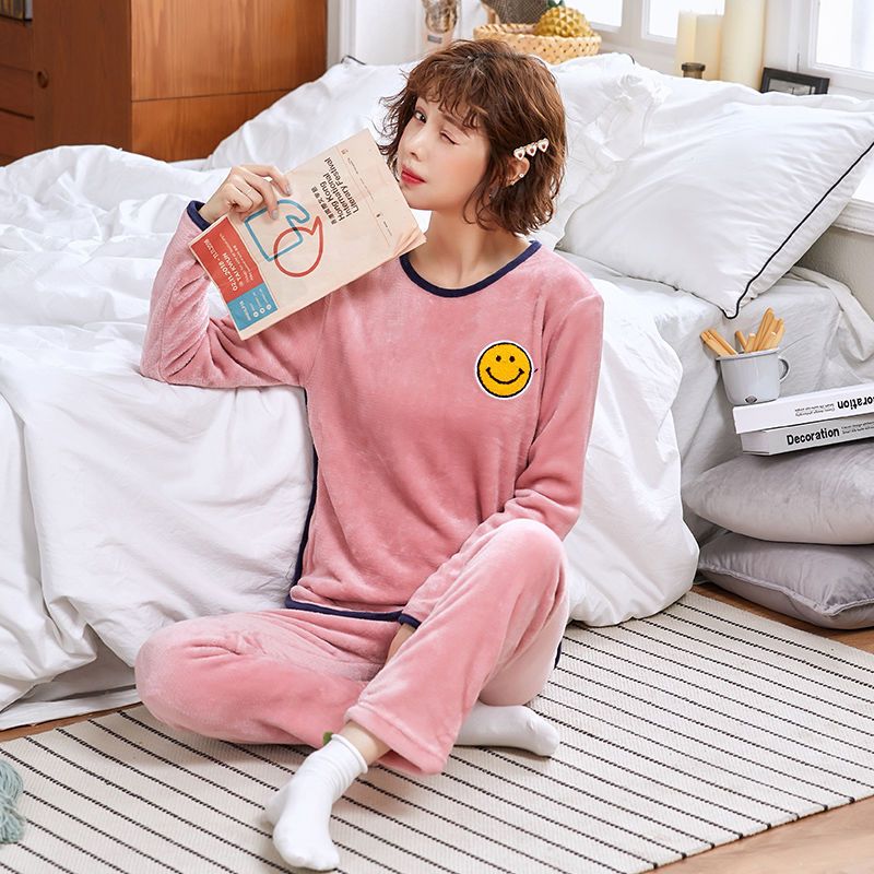 秋冬季加厚款珊瑚绒睡衣女套装家居服加绒可爱法兰绒长袖套装大码