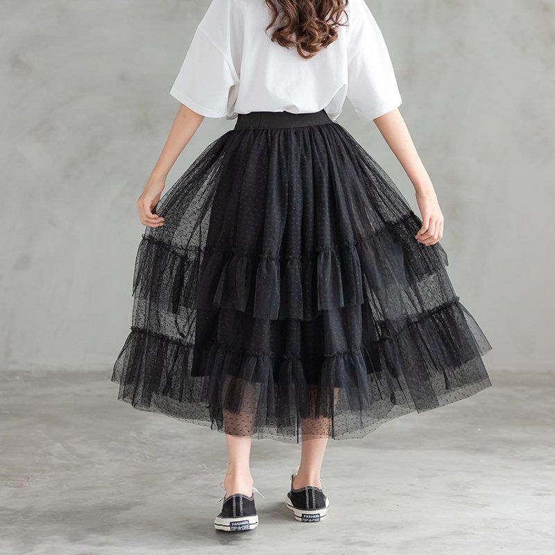 儿童半身裙亲子公主蓬蓬裙中大童网纱蛋糕裙夏天女童黑色长款纱裙黑色