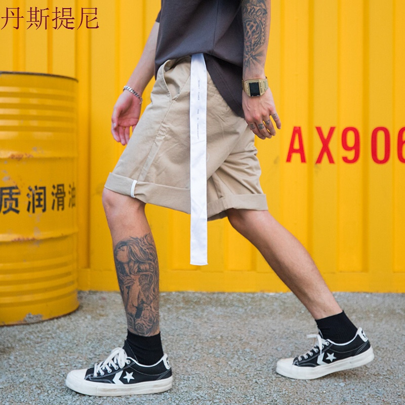 夏季街头日系潮流复古男工装短裤织带可拆卸宽松直筒五分休闲裤子