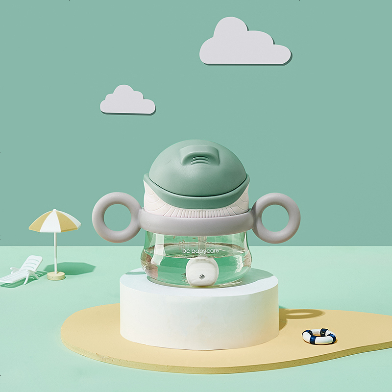 babycare宝宝学饮杯带吸管婴儿喝水杯便携防摔幼儿园儿童水杯 新品-温特绿-把手款(PPSU)