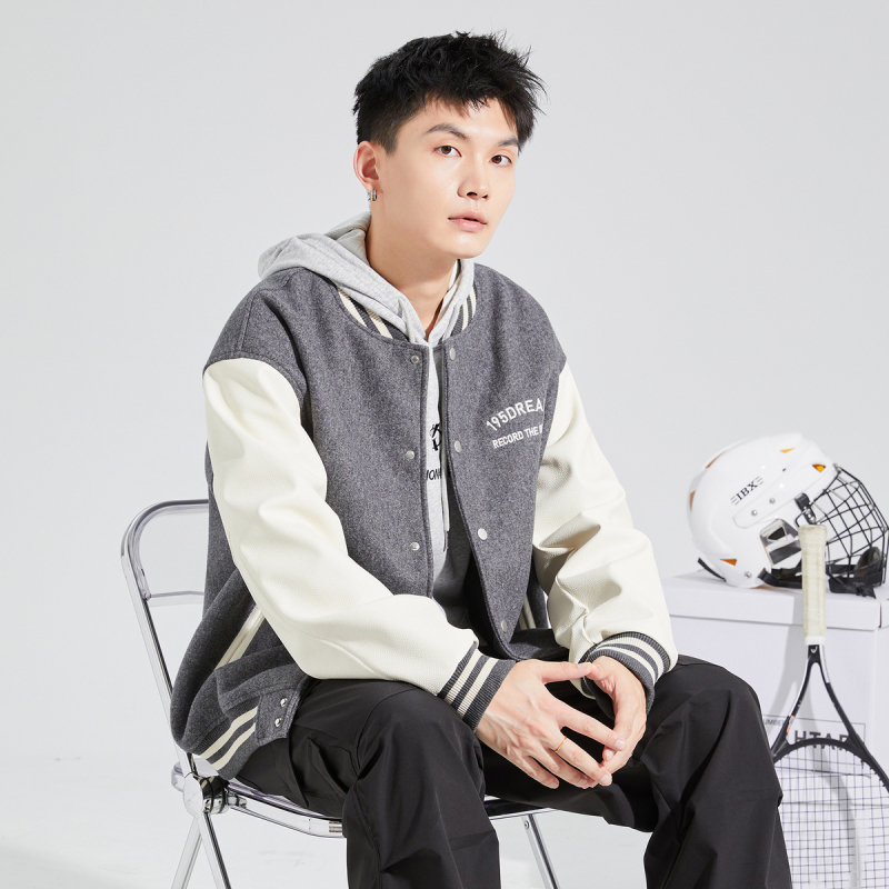 [2.5折价190元]唐狮秋冬新款棒球服男拼接美式棒球领呢拼PU皮短款外套男夹克