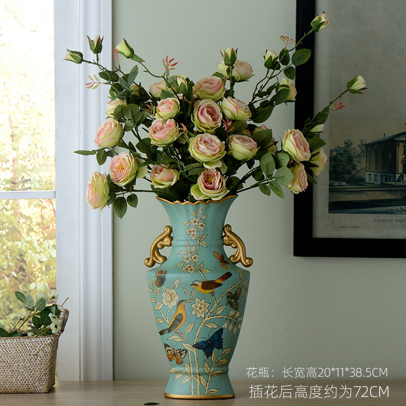 美式陶瓷花瓶花艺套装摆件家居装饰花仿真花假花工艺品摆设 三维工匠 双耳花瓶配6束香槟法式茶玫高清大图