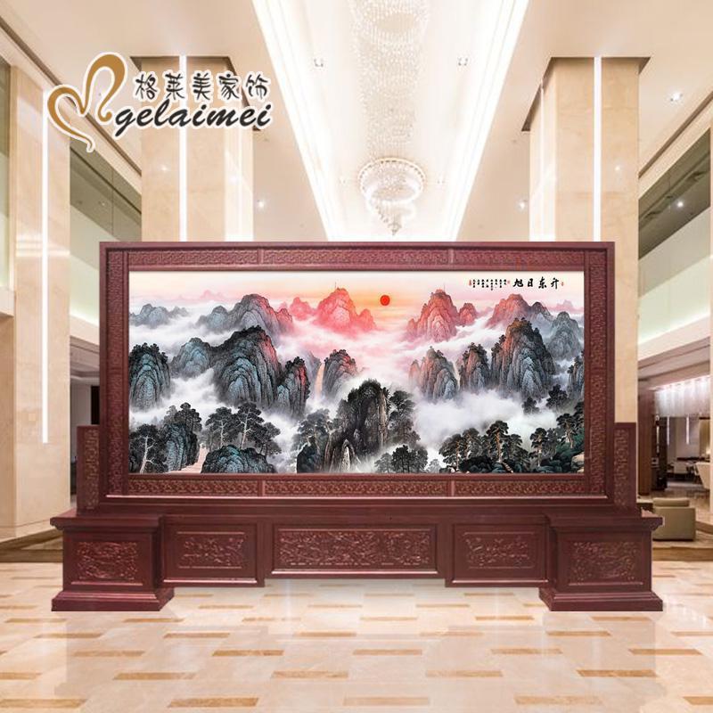 BONJEAN中式实木刻屏风隔断客厅办公室酒店公司大厅山水迎客松屏风