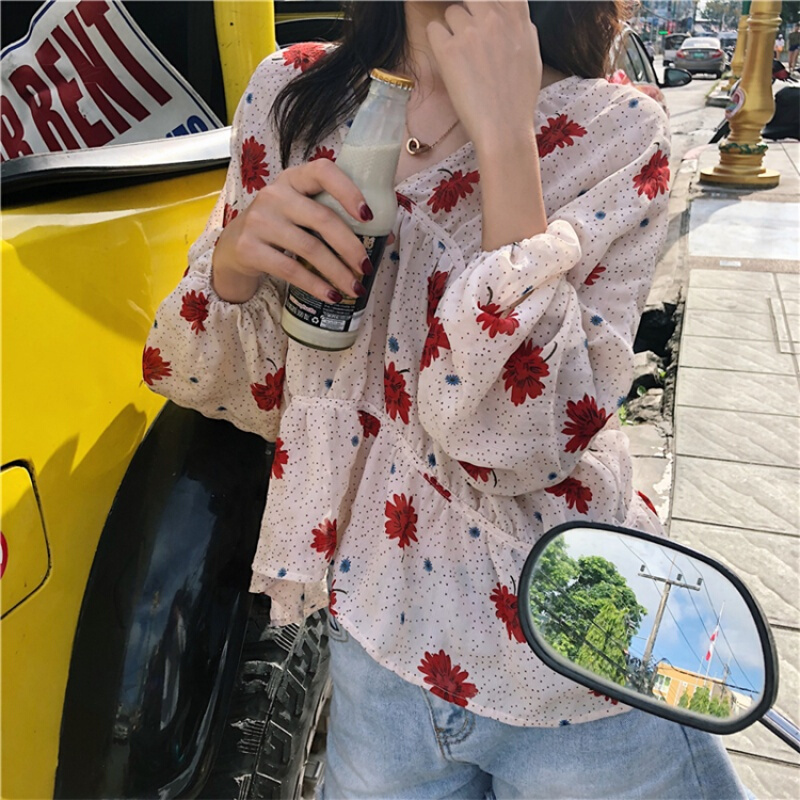 夏装韩版女装百搭V领灯笼袖雪纺衫显瘦复古印花衬衫学生衬衣女 图片色 均码