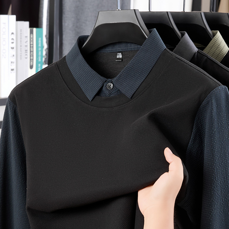 含蚕丝羊毛男士假两件上衣2025秋季新款衬衫领条纹休闲男士针织衫 蓝色 L