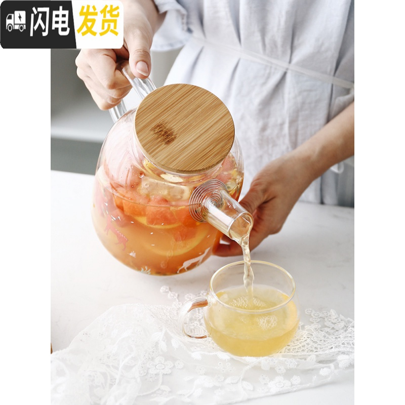 三维工匠日式耐热过滤玻璃冷水壶套装大容量家用防爆泡茶壶凉白开水壶杯子 春意之林(大凉水壶)+6杯+托盘茶具
