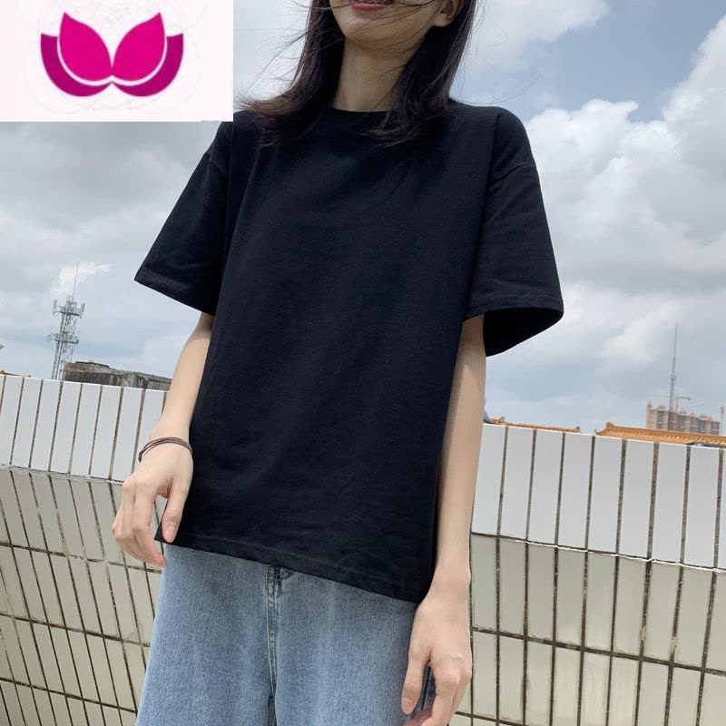 七斓黑色纯色t恤女短袖半袖韩版大码2021夏季宽松白体恤ins打底衫图片
