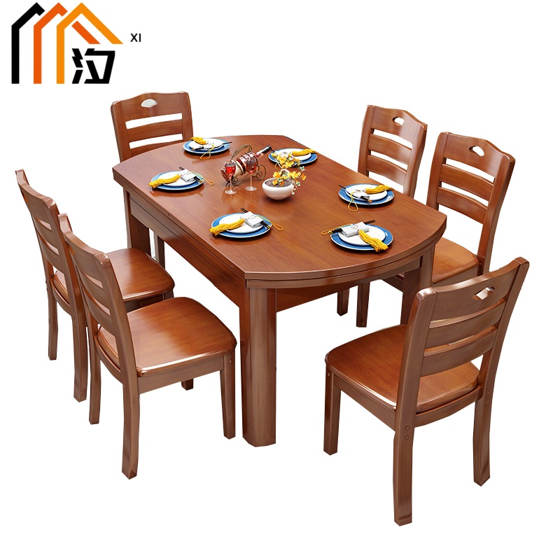 汐实木餐桌海棠色一桌六椅套高清大图