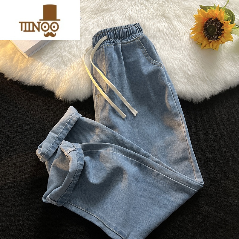 YANXU日系松紧腰牛仔裤男夏季薄款直筒宽松潮牌高街阔腿裤休闲长裤高清大图