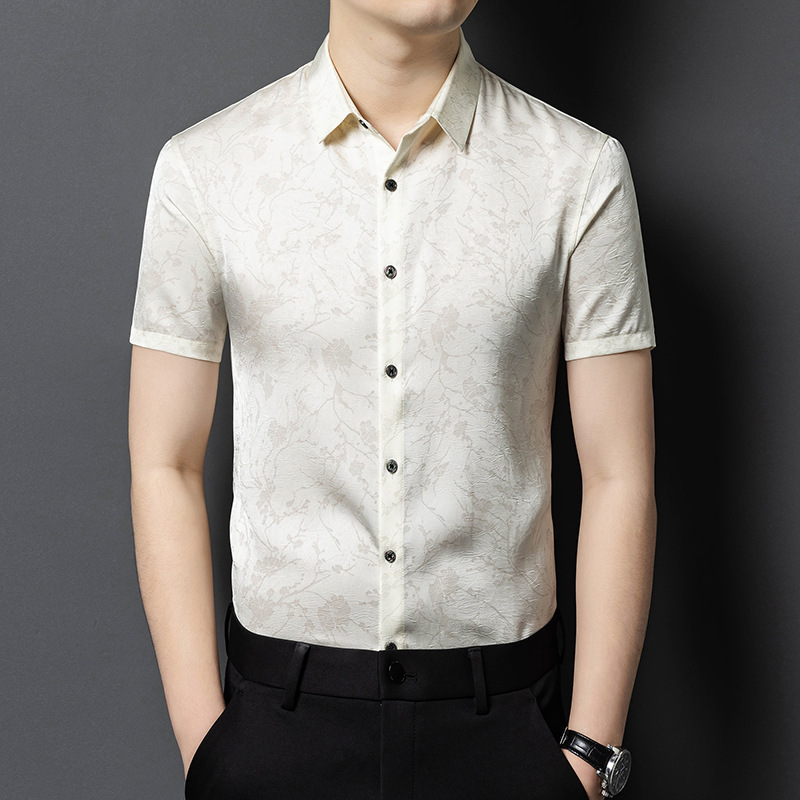 中年短袖衬衫男士夏季新款商务休闲高品质绸缎半袖爸爸装时尚衬衣