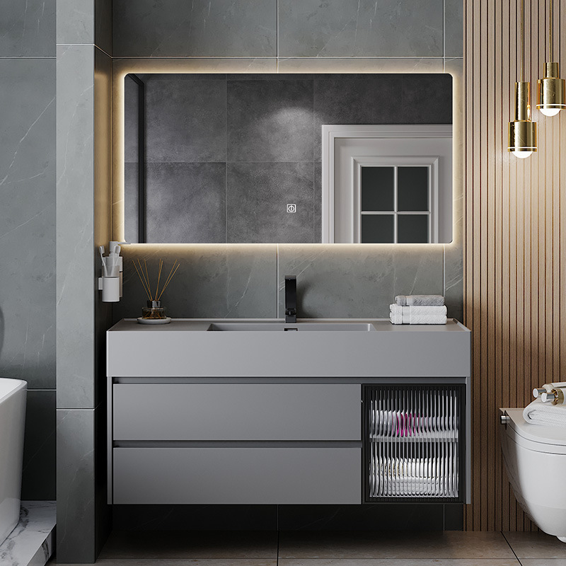 (送入户安装)汉德斯科卫浴柜智能镜柜浴室柜组合免漆实木纳米岩石一体盆挂墙式吊柜洗脸盆柜面盆柜洗手池洗漱台Y6025高清大图