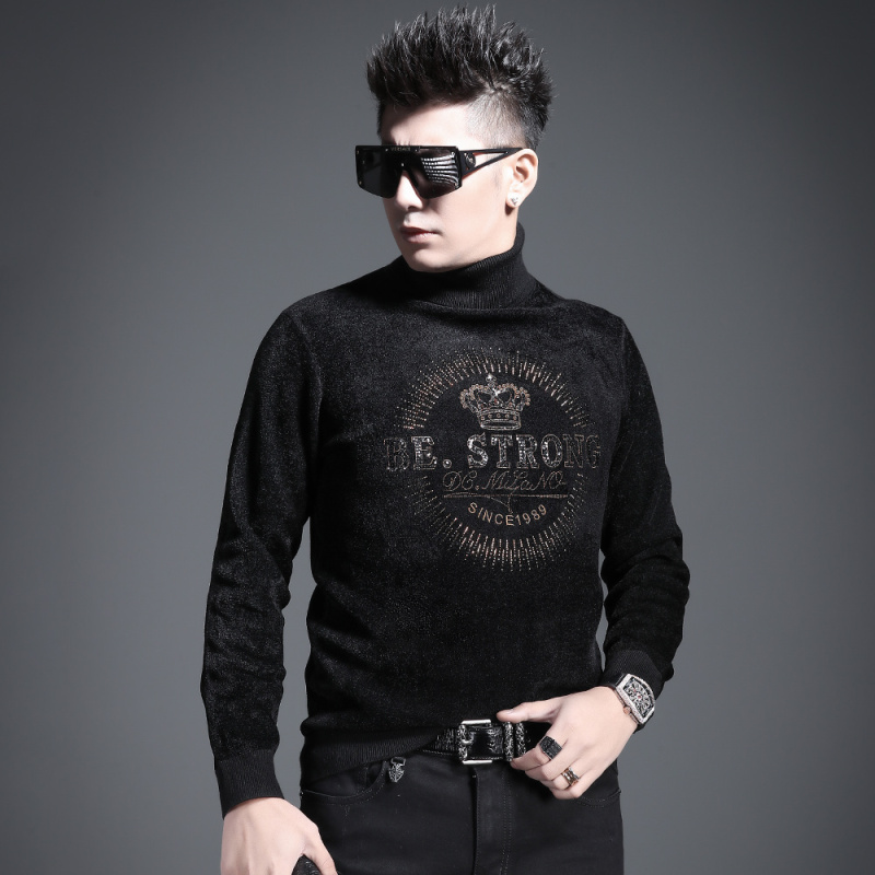 baluoshang言吉冬季新款毛衣男针织衫皇冠刺绣烫钻时尚修身高领打底衫