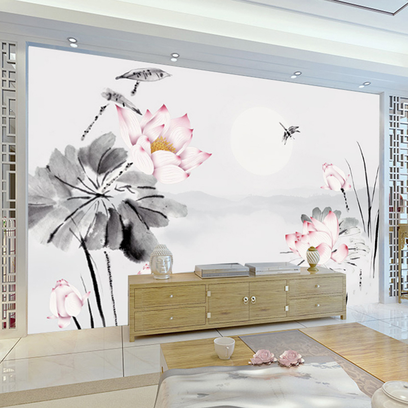 8d电视背景墙壁纸3d新中式墙布壁画客厅沙墨荷花无缝定制壁布