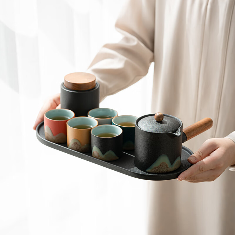 苏氏陶瓷/SUSHI CERAMICS J0923 手绘釉画彩千里江侧把壶干泡盘五色杯 (单位:盒)高清大图