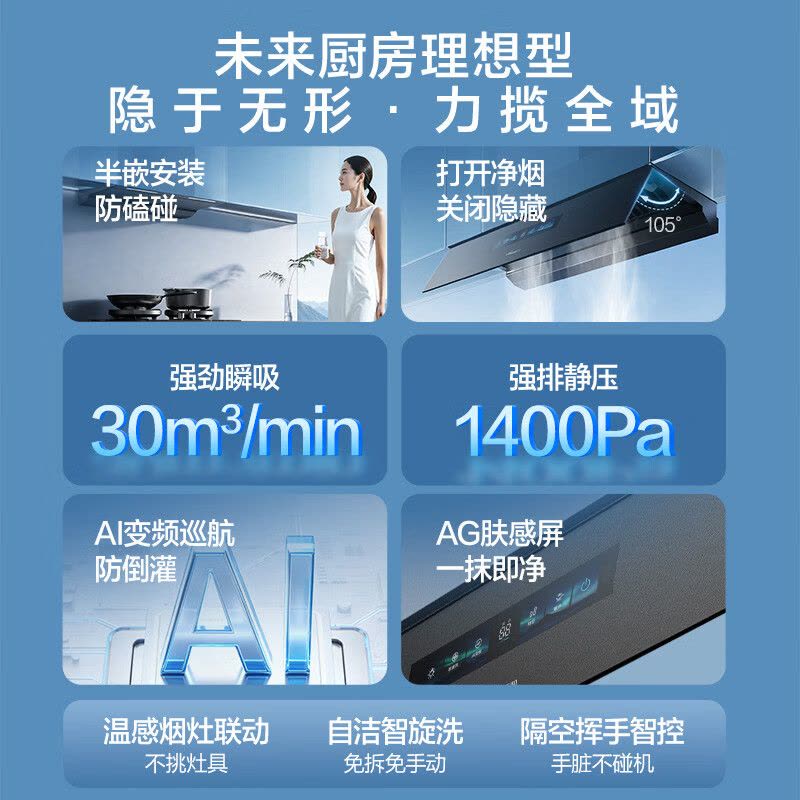 万和顶侧双吸油烟机CXW-258-01-C10一级能效挥手感应风量钢化玻璃面板1400帕静压大吸力厨房净烟神器图片