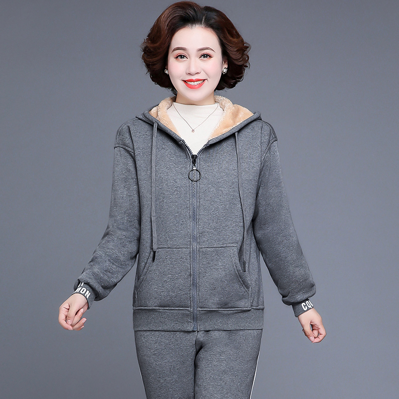 均妮中年妈妈加绒加厚外套中老年运动套装女秋冬款女装连帽卫衣两件套