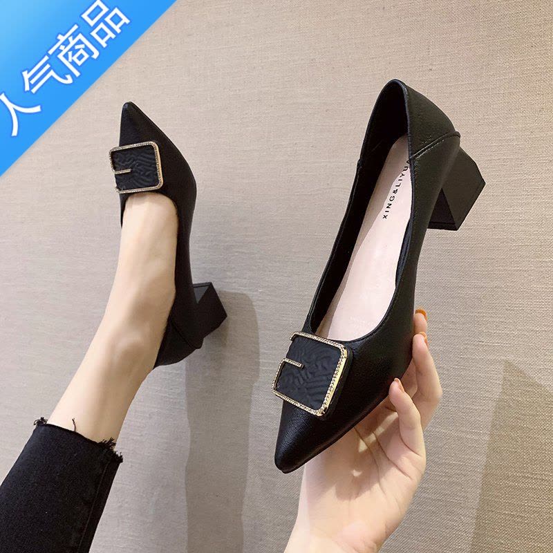 SUNTEK高跟鞋女春2023新款浅口女鞋子尖头粗跟中跟职业法式少女百搭单鞋图片