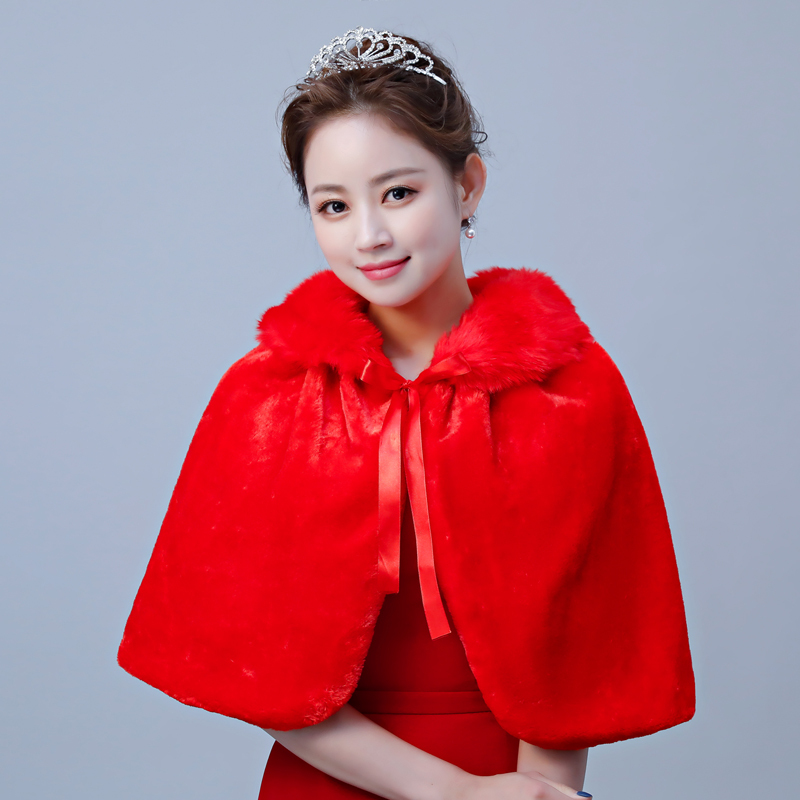 热卖新娘婚纱礼服毛披肩外套结婚伴娘仿皮斗篷冬季双面保暖加厚大码