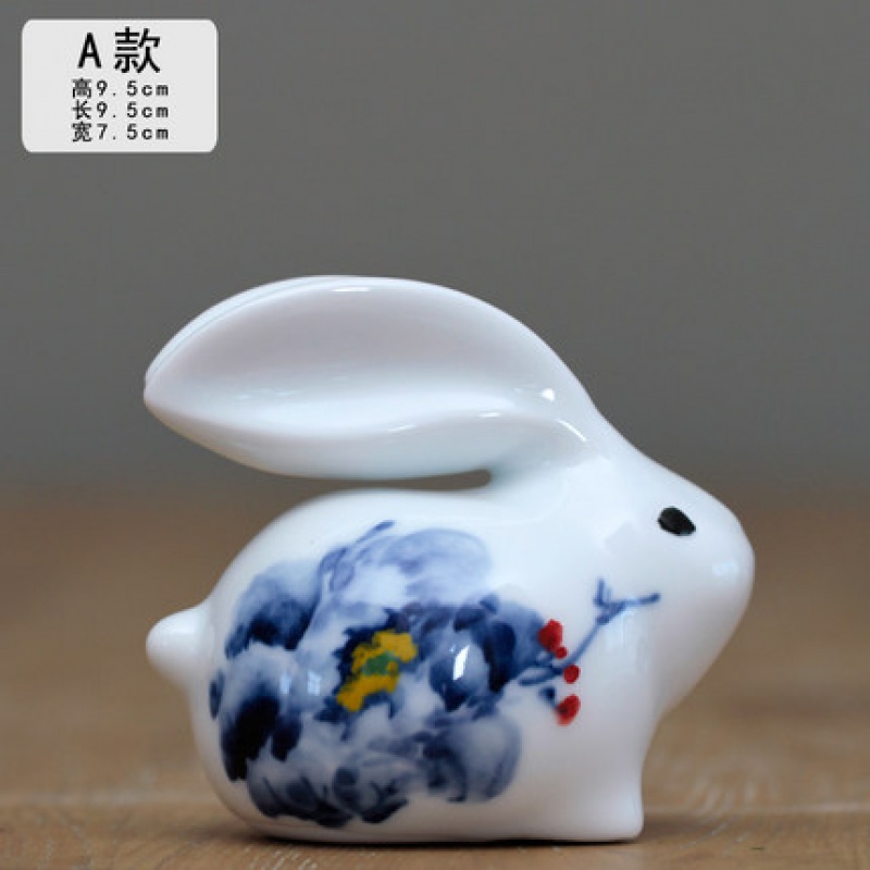 兔子摆件陶瓷饰品创意可爱客厅兔子摆设景德镇青花手绘兔子工艺品收纳袋 三维工匠 3
