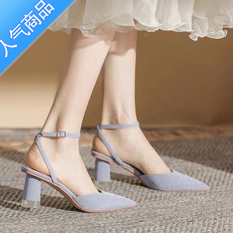 SUNTEK法式少女尖头高跟鞋一字扣带女鞋粗跟2023年新款百搭中空凉鞋单鞋高清大图