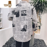 YANXU原宿风报纸衬衫男秋季ins潮牌韩版潮流bf长袖设计感休闲百搭外套