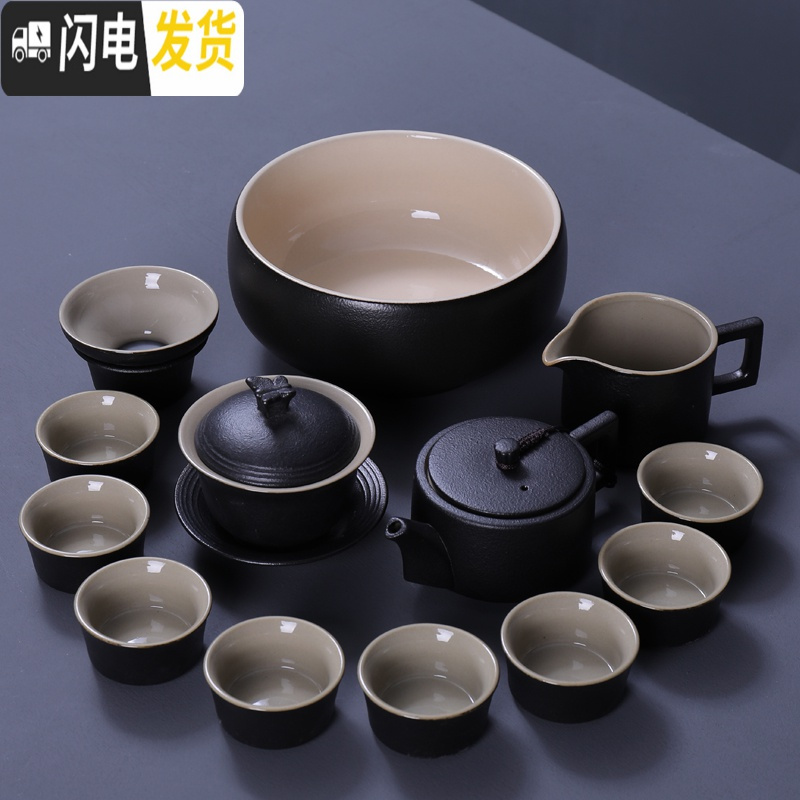 三维工匠黑陶功夫茶具套装粗陶日式家用办公茶具黑禅风盖碗茶壶茶杯海 11头正德壶套装 9件