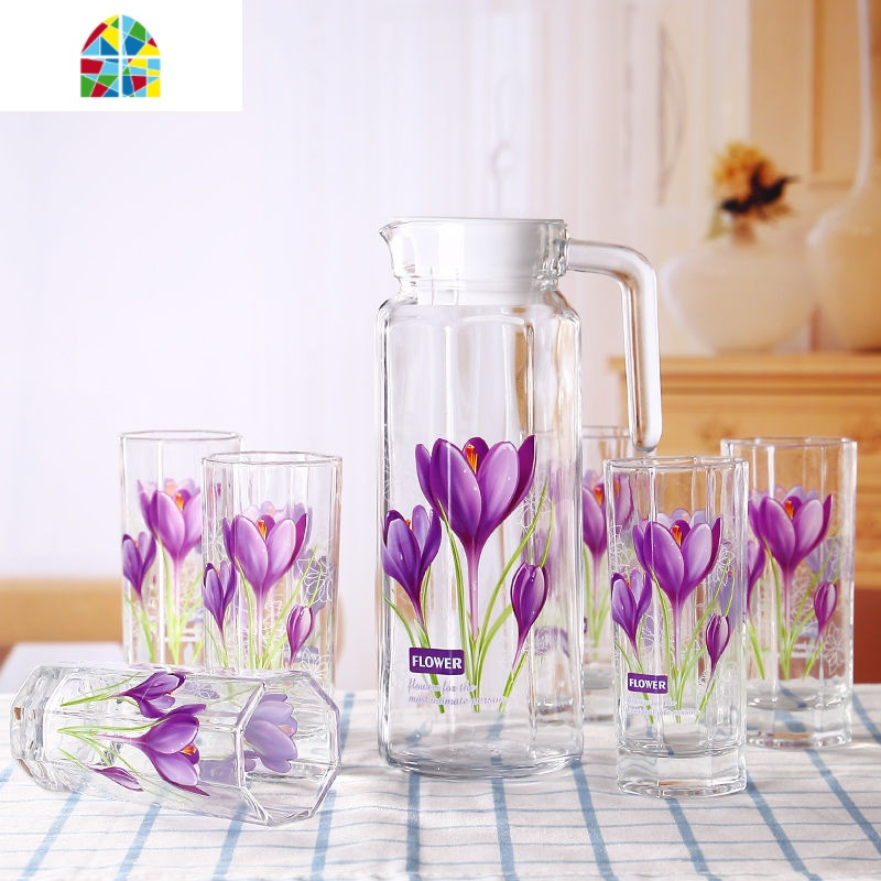 家用印花冷水壶玻璃泡茶壶耐热果汁凉白开分水杯扎壶水具套装 FENGHOU 玻璃柄粉色牡丹六只八角杯凉水壶