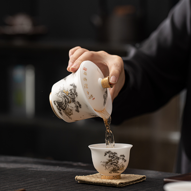 苏氏陶瓷(SUSHI CERAMICS)素烧羊脂玉瓷翠山迎客一碗两杯国家一级技师王文克老师作品