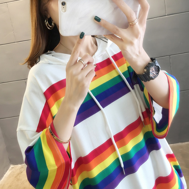班俏banqiao条纹短袖t恤女装春夏2020新款韩版彩虹撞色打底衫宽松学生