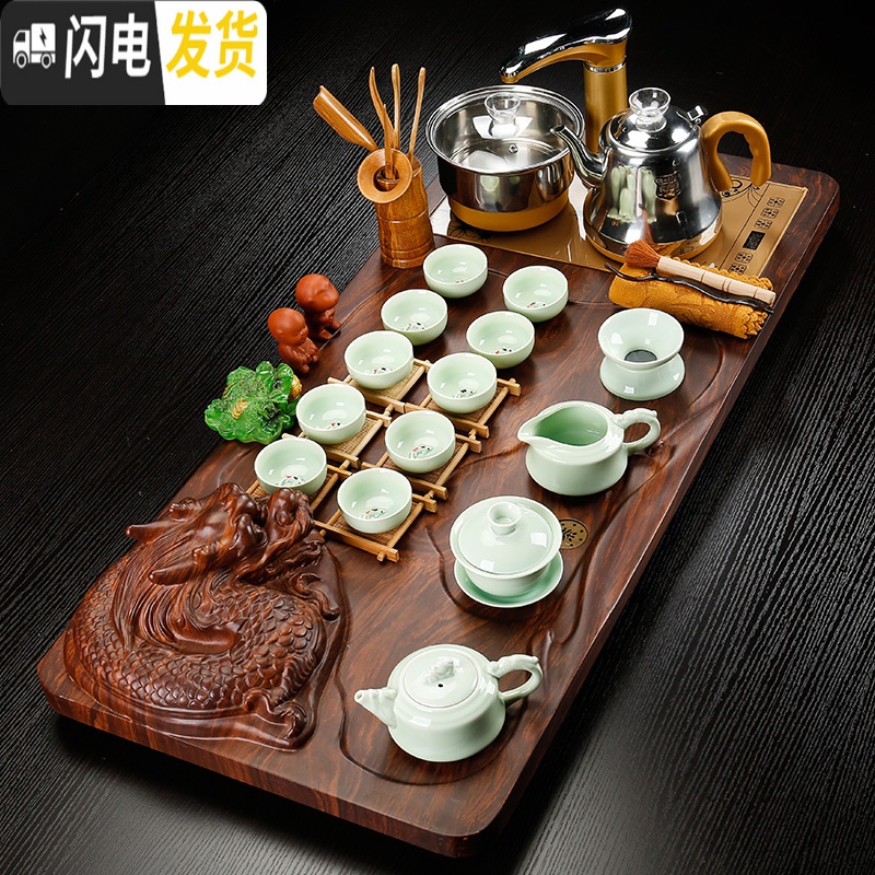 三维工匠茶具套装实木茶盘家用简约全自动上水电热磁炉一体功夫茶台泡茶器 13貔貅茶盘原矿紫砂-全金高清大图
