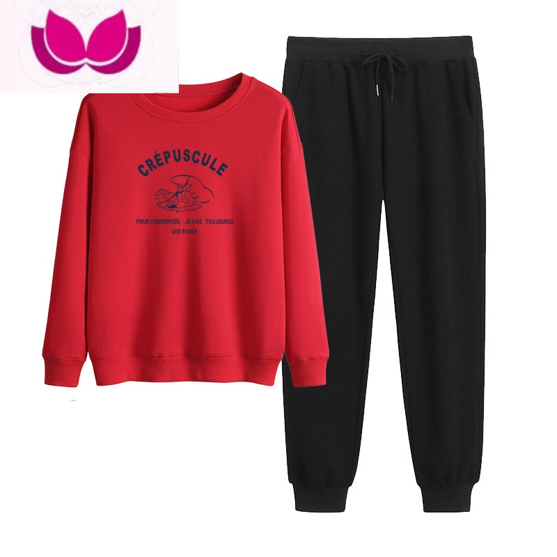 七斓薄款卫衣女ins潮韩版简约宽松裤子套bf圆领休闲运动套装 红色+黑色不加绒 4XL