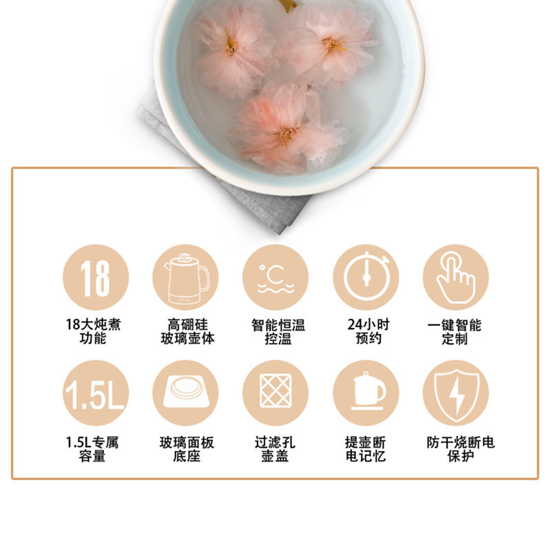 万利达(malata)1.5升多功能养生壶电水壶玻璃壶身煮茶器中药壶WLD-YS1505A